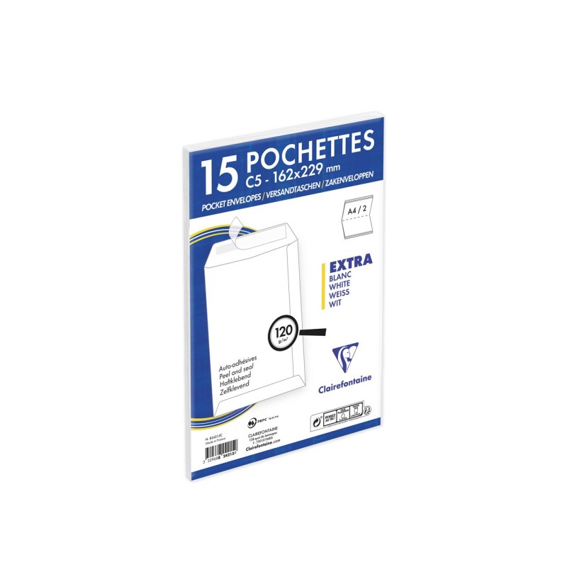 Clairefontaine Pochette blanche recyclée C5 162 x 229 mm 120g sans fenêtre - Autocollante avec bande protectrice - Lot de 15