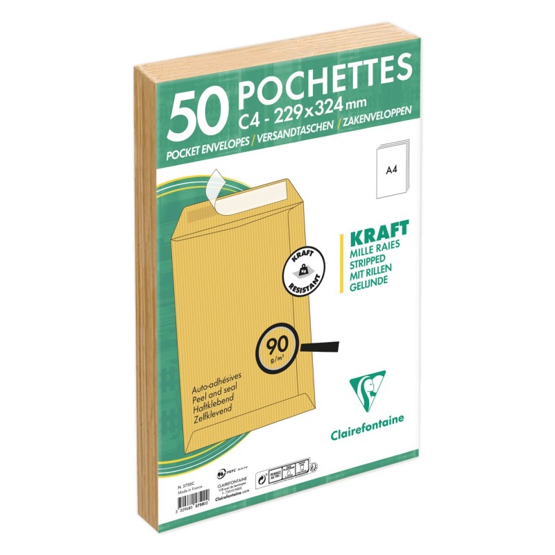 Clairefontaine Pochette kraft brun recyclée 229 x 324 mm 90g sans fenêtre - Autocollante avec bande protectrice - Lot de 50