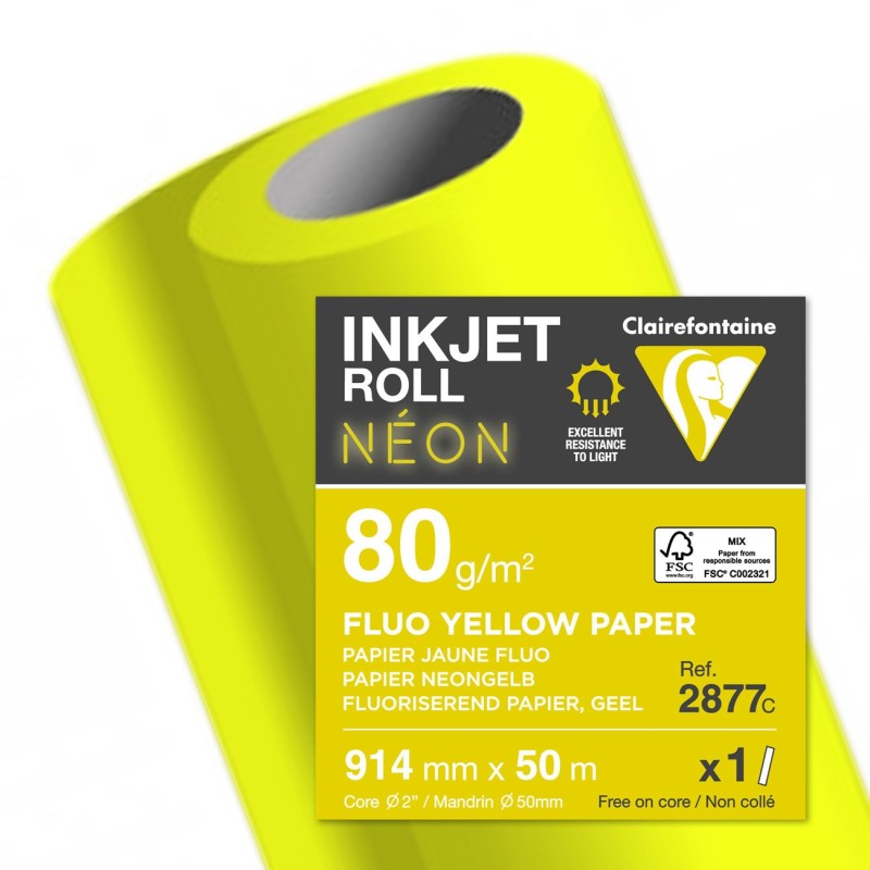 Clairefontaine Rouleau de papier Clairjet Jaune fluo 2877C pour traceur universel 80g - Format 914mm x 50m