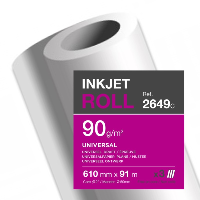Clairefontaine Rouleau de papier blanc 2649C pour traceur universel 90g - Format 610 mm x 91m - Lot de 3
