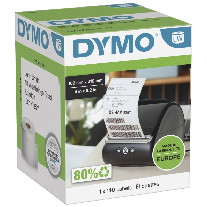 Dymo 2166659 Étiquettes LabelWriter 4XL / 5XL extra larges blanches autocollantes prédécoupées 102 x 210 mm pour colis DHL - Rouleau de 140 étiquettes