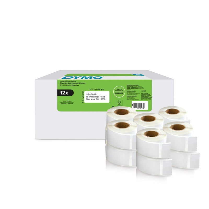 Dymo 2177563 Étiquettes d'adresse Labelwriter grand format 25 x 54 mm - Pack économique de 12 rouleaux de 500 étiquettes