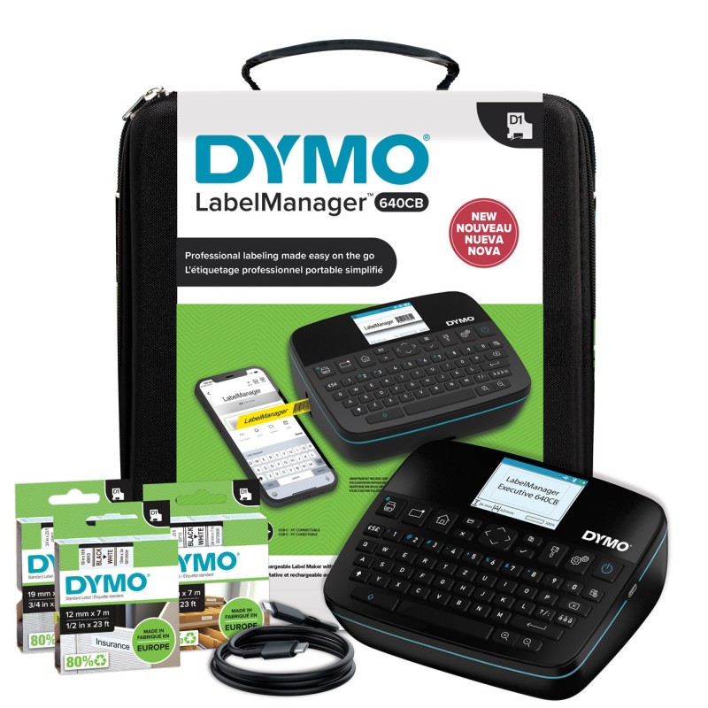 Dymo Pack LabelManager Executice 640CB Azerty Etiqueteuse Rechargeable Bluetooth et USB-C + 3 Casssettes + Sacoche