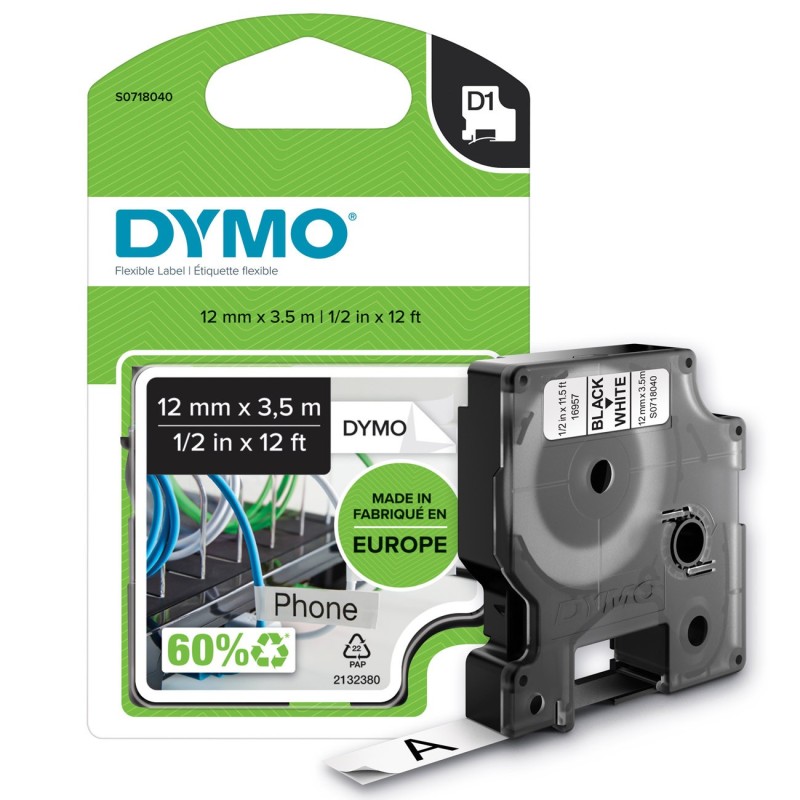Dymo Ruban nylon D1 S0718040 pour étiqueteuse - 12 mm x 3,5 m - Noir sur Blanc