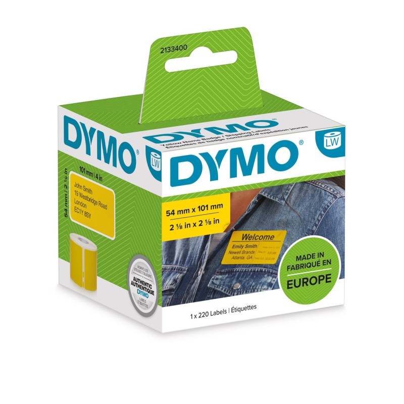 Dymo Étiquettes BADGE NOMINATIF / D'EXPÉDITION JAUNE pré-découpées Noir sur Jaune (54 x 101 mm) - Modèle 2133400 - 1 rouleau de 220 étiquettes auto-adhésives à bords arrondis