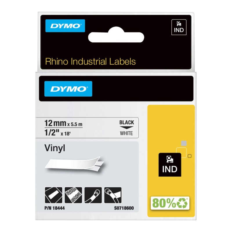 Dymo Étiquettes autocollantes en vinyle industrielles Rhino - 12 mm x 5,5 m - Noir sur Blanc