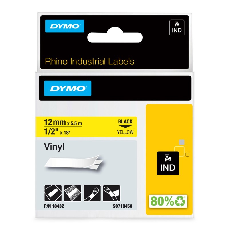 Dymo Étiquettes autocollantes en vinyle industrielles Rhino - 12 mm x 5,5 m - Noir sur Jaune
