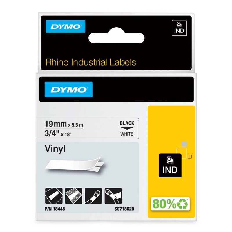 Dymo Étiquettes autocollantes en vinyle industrielles Rhino - Ecriture noir / fond blanc - l.19 mm x L. 5,5 m - Modèle 18445