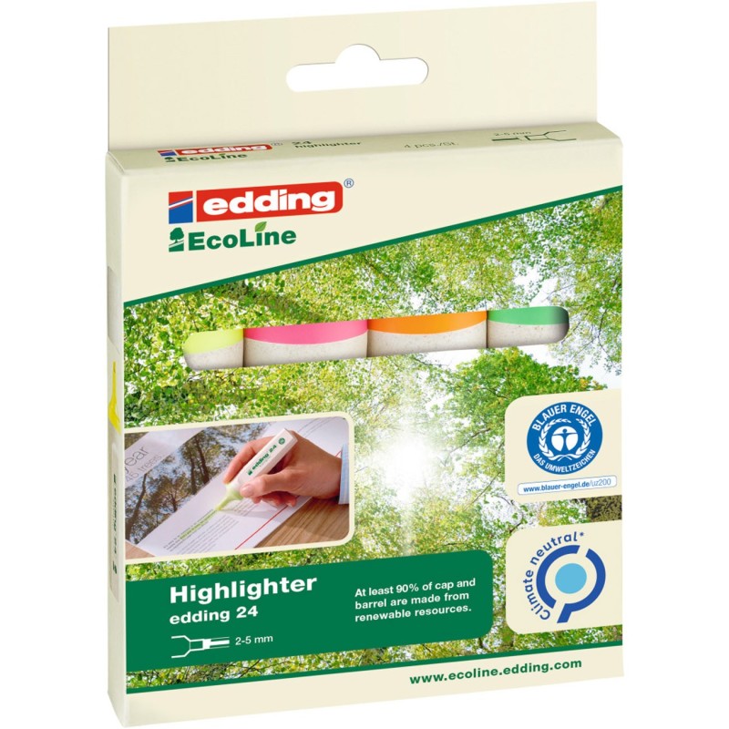 Edding 24 Ecoline Surligneur pointe biseautée 2-5 mm - pochette de 4 assortis
