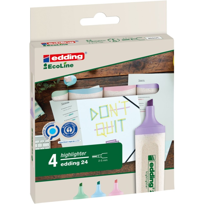 Edding 24 Ecoline Surligneur pointe biseautée 2-5 mm - pochette de 4 assortis pastel