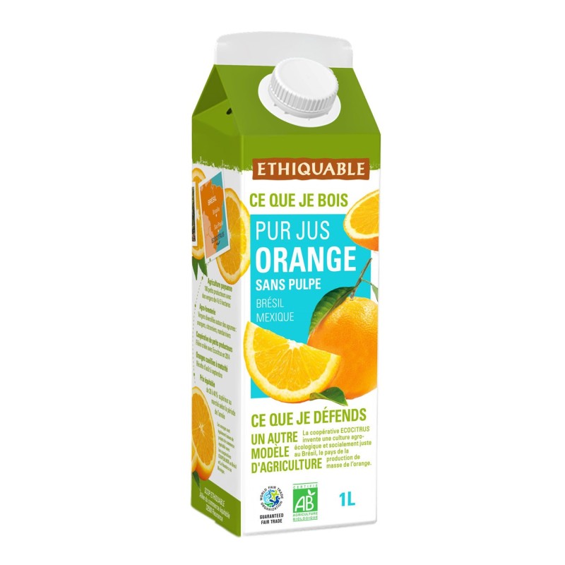 Ethiquable Pur Jus d'orange Bio et équitable - Lot de 8 briques 1L