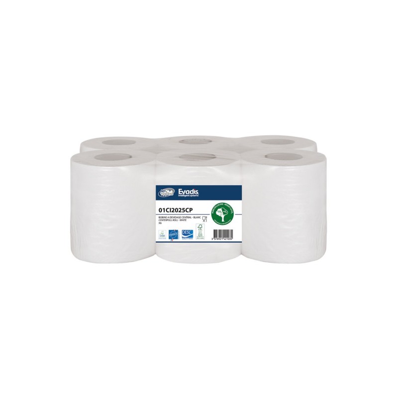 Evadis Essuie-mains dévidage central double épaisseur pure ouate - 450 feuilles prédécoupées - Carton de 6 rouleaux