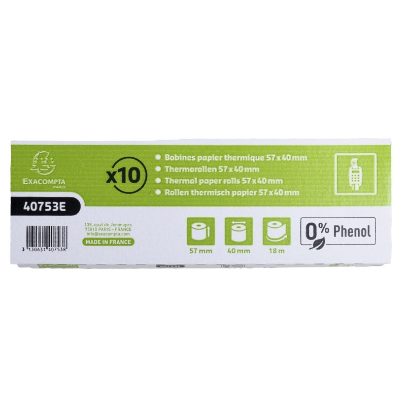Exacompta Bobine TPE carte bancaire 57 x 40 x 12 mm - Longueur 18M - 40753E - Rouleau papier thermique 1 pli 55g sans phénol - Lot de 10