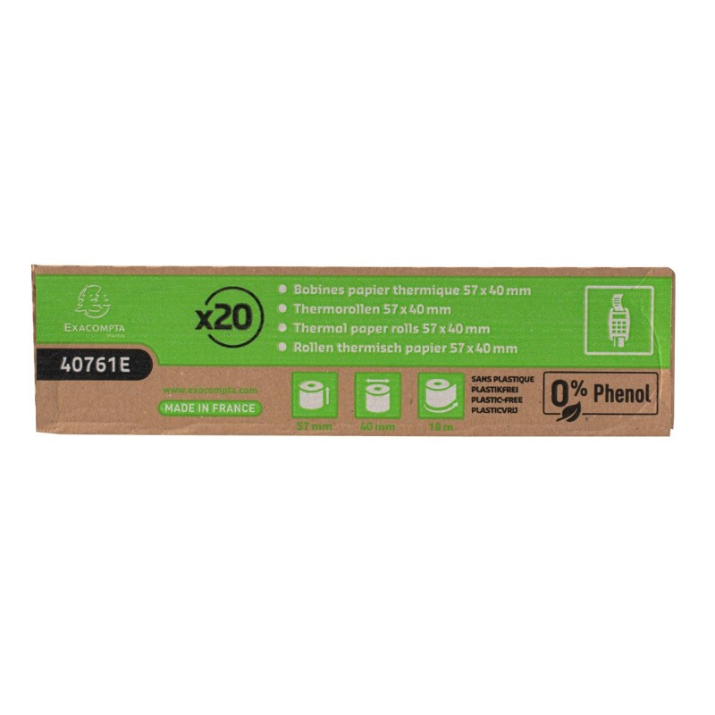 Exacompta Bobine TPE carte bancaire 57 x 40 x 12 mm - Longueur 18M - 40761E - Rouleau papier thermique 1 pli 55g sans phénol, sans plastique - Lot de 20