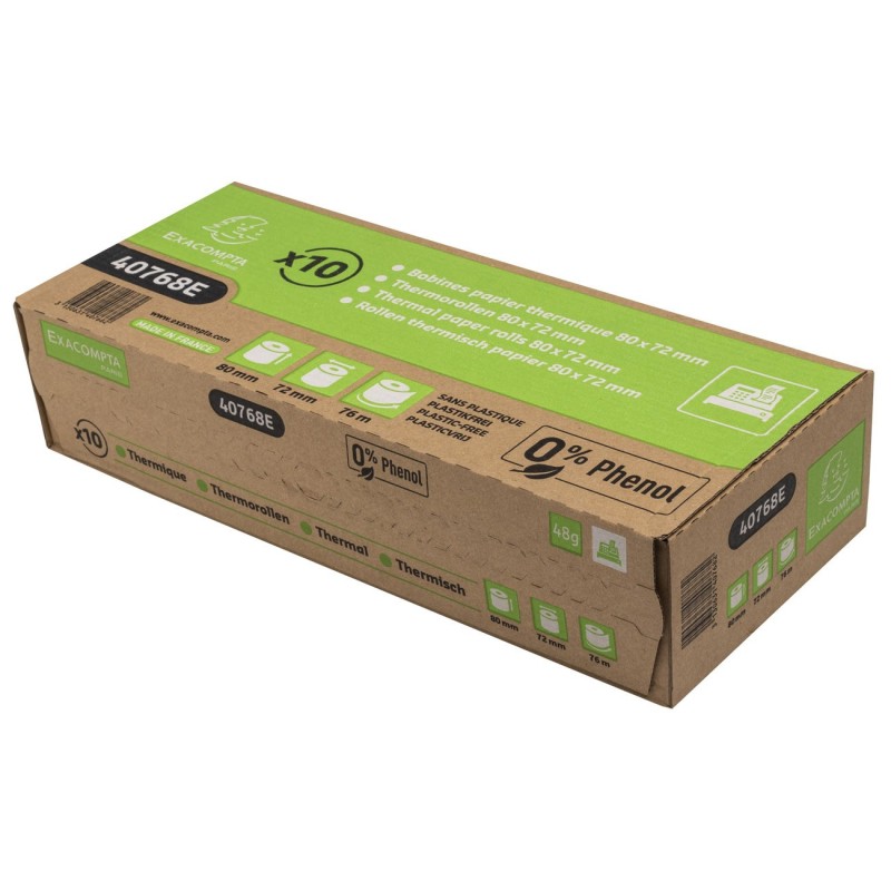 Exacompta Bobine tickets de caisse 80 x 72 x 12 mm - Longueur 76M - 40768E - Rouleau papier thermique  1 pli 48g sans phénol, sans plastique - Lot de 10
