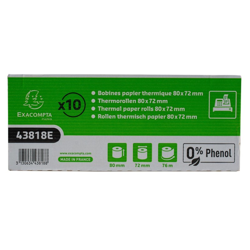 Exacompta Bobine tickets de caisse 80 x 72 x 12 mm - Longueur 76M - 43818E - Rouleau papier thermique  1 pli 48g sans phénol - Lot de 10