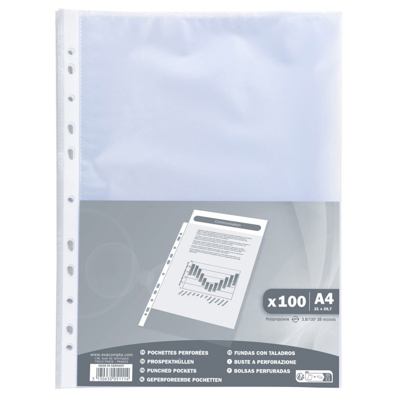Exacompta Pochette perforée A4 polypropylène 4/100e grainée transparente - lot de 100