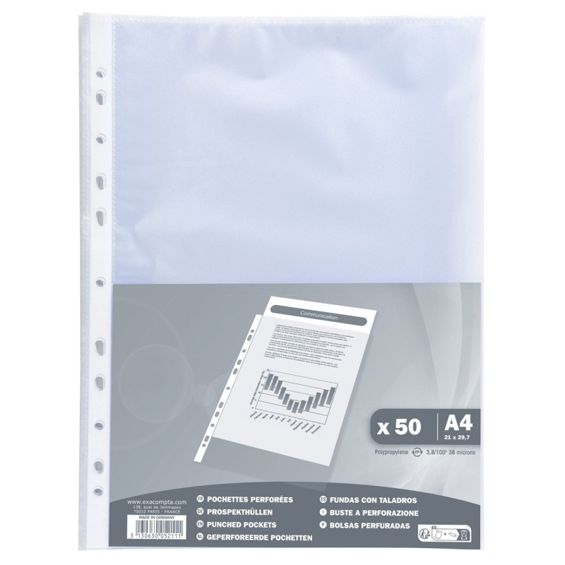Exacompta Pochette perforée A4 polypropylène 4/100e grainée transparente - lot de 50