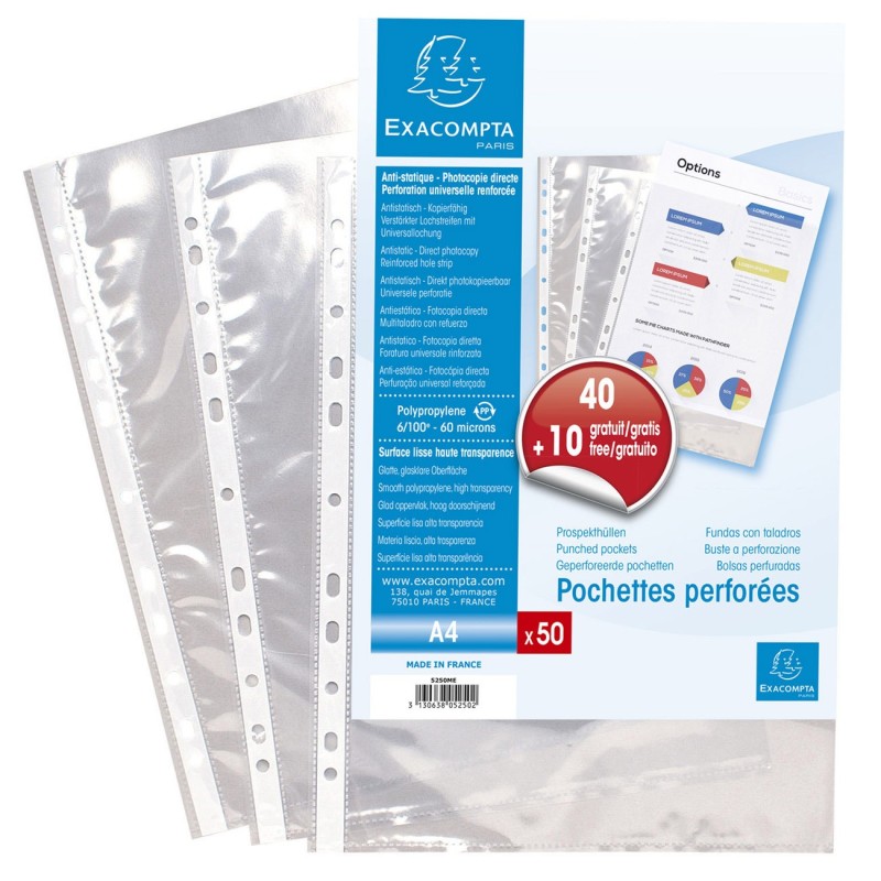Exacompta Pochette perforée A4 polypropylène 5/100e lisse cristal - lot de 50