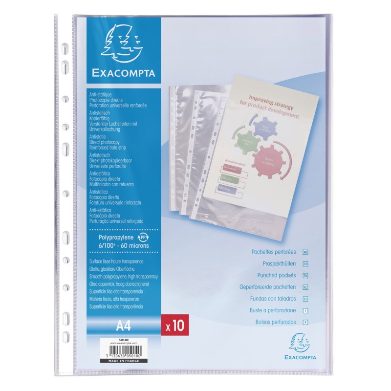 Exacompta Pochette perforée A4 polypropylène 6/100e lisse cristal - lot de 10