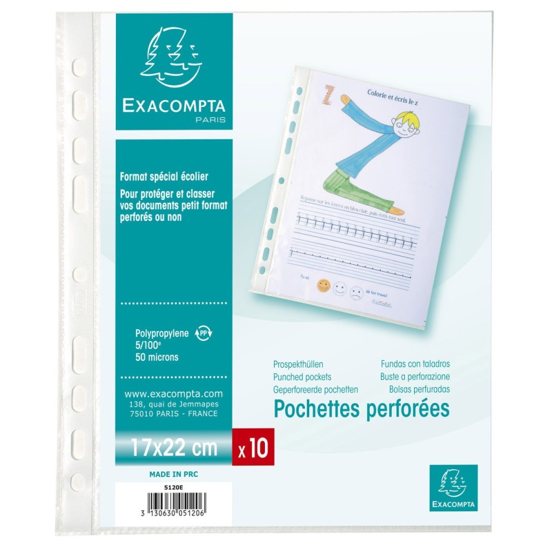 Exacompta Pochette perforée A5 17x22 cm polypropylène 5/100e grainée cristal - lot de 10