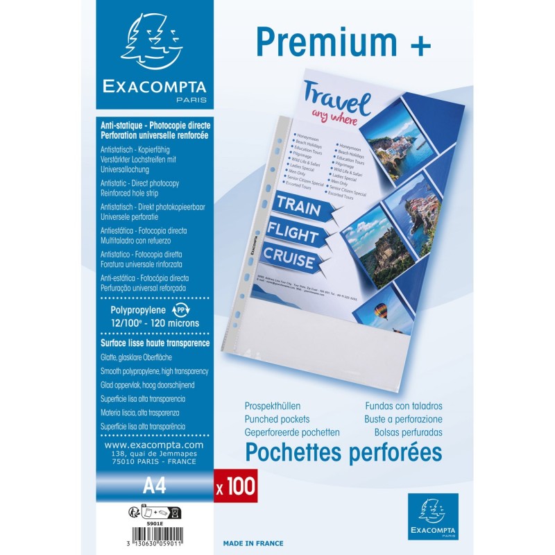 Exacompta Pochette perforée Premium A4 polypropylène 12/100e lisse cristal - lot de 100