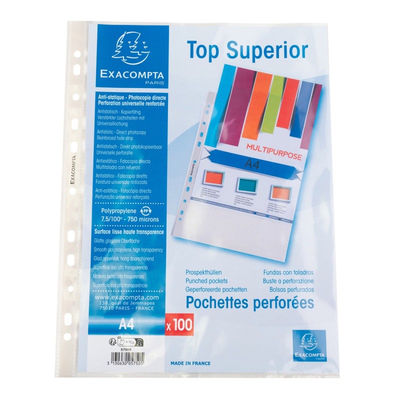 Exacompta Pochette perforée Qualité+ A4 polypropylène 7,5/100e lisse cristal - lot de 100