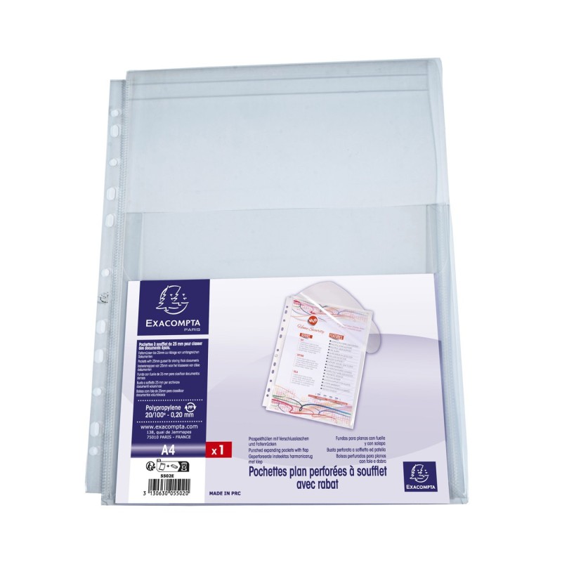 Exacompta Pochette perforée à soufflet A4 polypropylène 20/100e lisse incolore - lot de 50