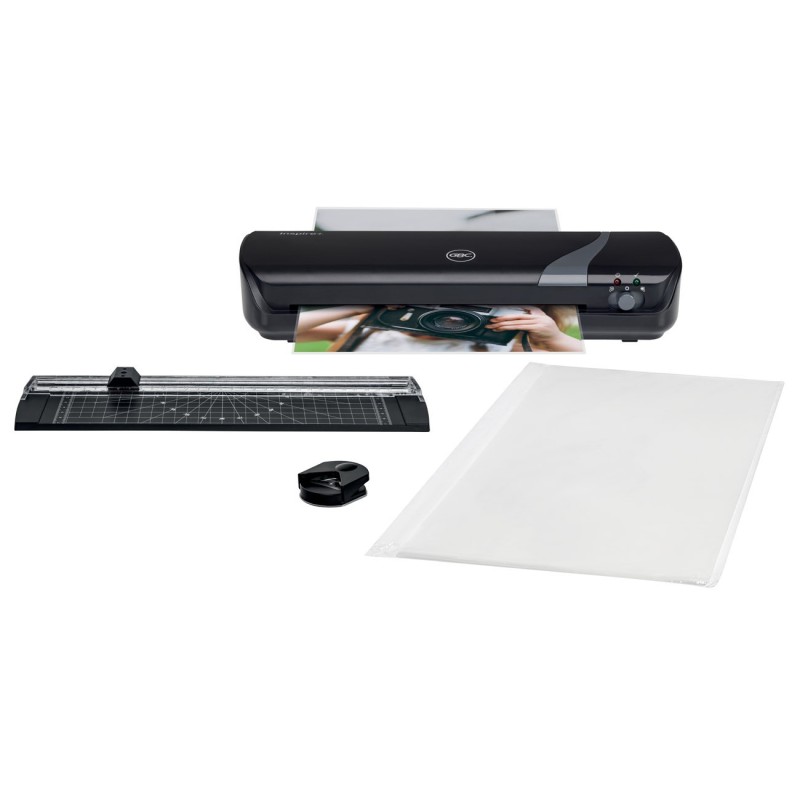 GBC Set Plastifieuse thermique Inspire+ A4 2 x 75 microns + outil de coupe + 5 pochettes A4 incluses - Noir
