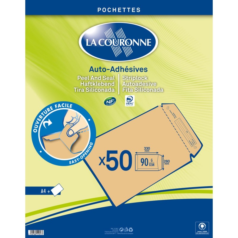 La Couronne Pochette kraft brun 260 x 330 mm 90g sans fenêtre - autocollante bande siliconée - Lot de 50
