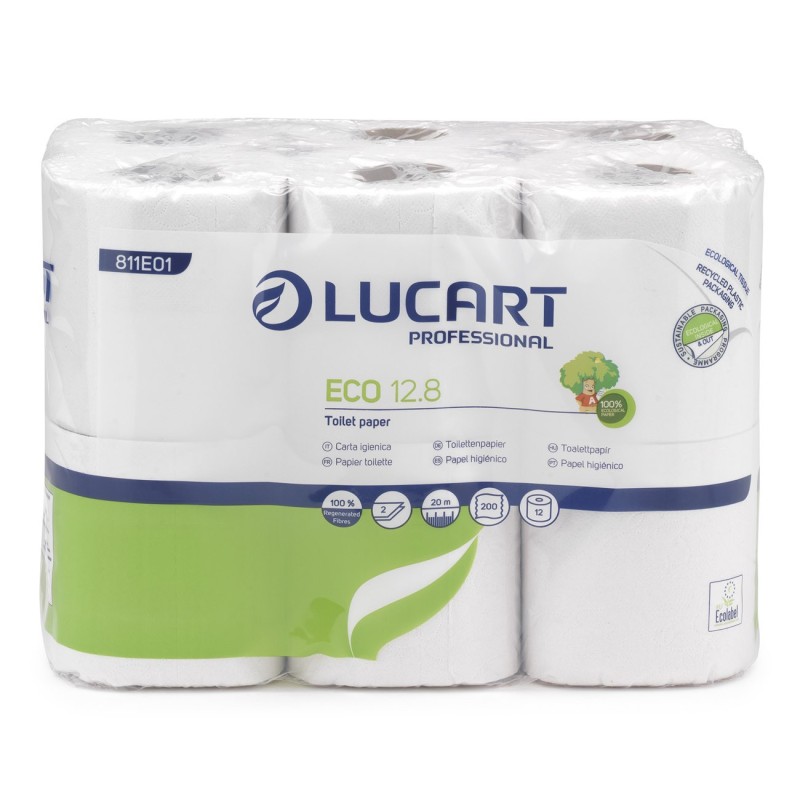 Lucart Papier toilette économique recyclé double épaisseur 200 feuilles gaufrées blanc - Carton de 96 rouleaux standard