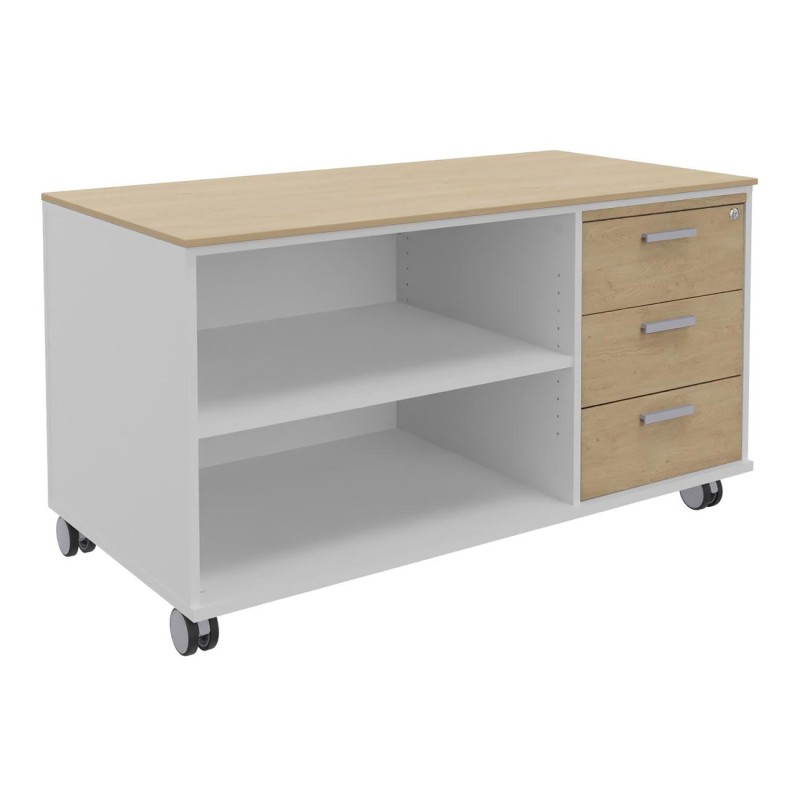 Meuble bas console mobile sur roulettes Rhéa - L. 120 x P. 60 x H. 66 cm - 3 tiroirs - Corps Blanc - Tiroirs Chêne