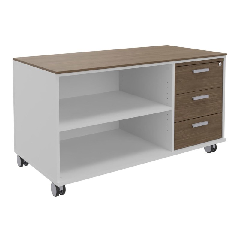 Meuble bas console mobile sur roulettes Rhéa - L. 120 x P. 60 x H. 66 cm - 3 tiroirs - Corps Blanc - Tiroirs Noyer