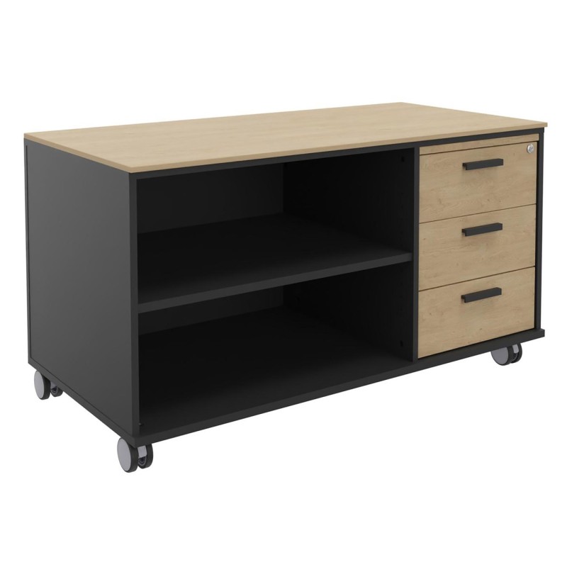 Meuble bas console mobile sur roulettes Rhéa - L. 120 x P. 60 x H. 66 cm - 3 tiroirs - Corps Carbone - Tiroirs Chêne