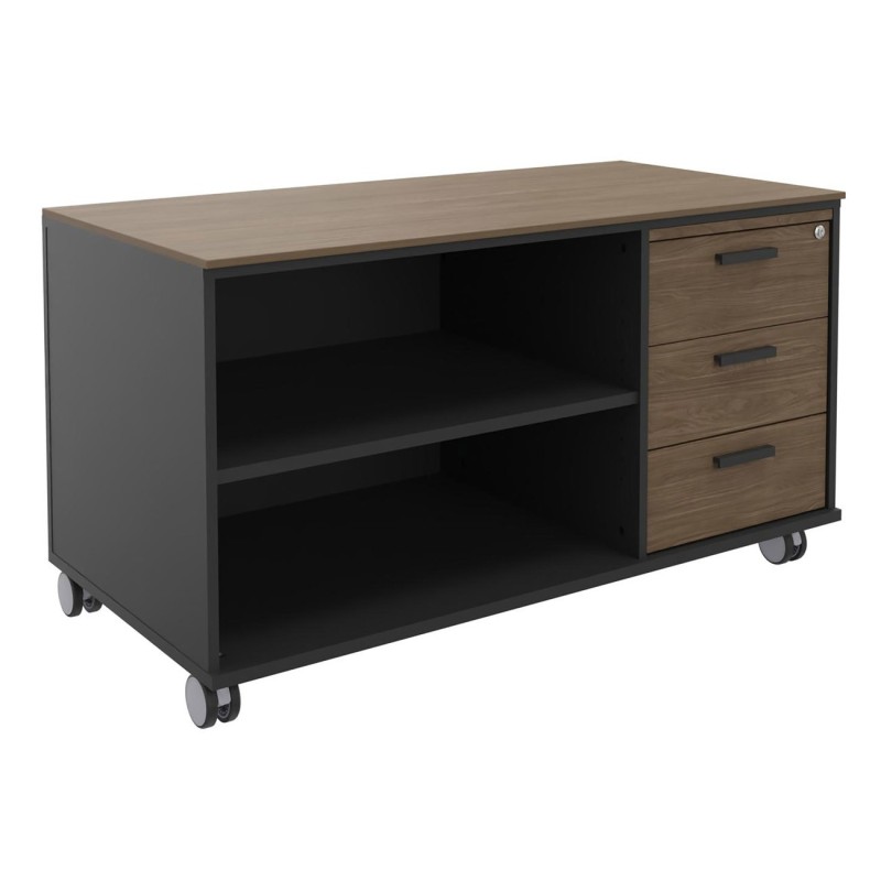 Meuble bas console mobile sur roulettes Rhéa - L. 120 x P. 60 x H. 66 cm - 3 tiroirs - Corps Carbone - Tiroirs Noyer