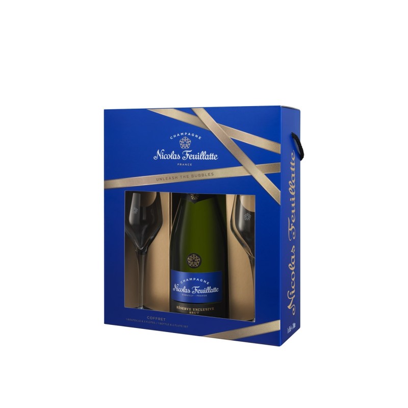 NICOLAS FEUILLATTE Coffret Champagne Brut Réserve Exclusive avec 2 flûtes - Bouteille de 75 cl