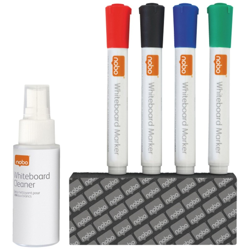 Nobo Kit de nettoyage pour tableau blanc - 50ml + 4 marqueurs assortis
