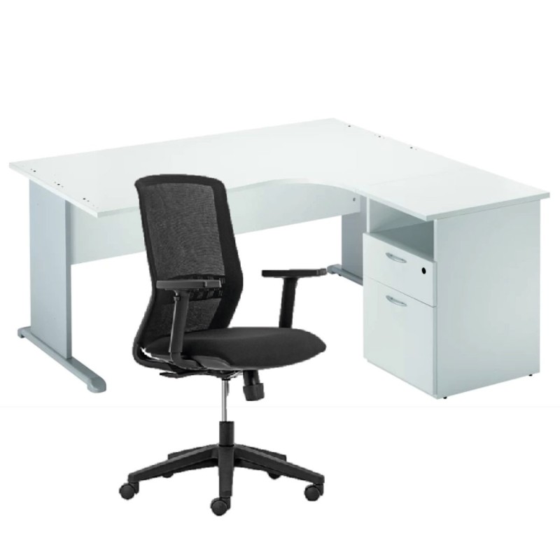 Pack Bureau d'angle compact retour à droite Pronto Bois - L.160 x P.100 cm - Plateau Blanc - Pieds L Aluminium + Caisson hauteur bureau + Siège Tekna Noir
