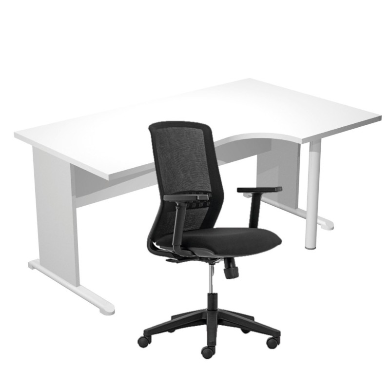 Pack Bureau d'angle compact retour à droite Pronto Bois - L.160 x P.100 cm - Plateau Blanc - Pieds L Aluminium + Siège Tekna Noir