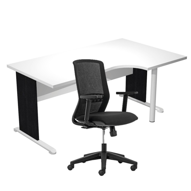 Pack Bureau d'angle compact retour à droite Pronto Bois - L.160 x P.100 cm - Plateau Blanc - Pieds L Noir + Siège Tekna Noir