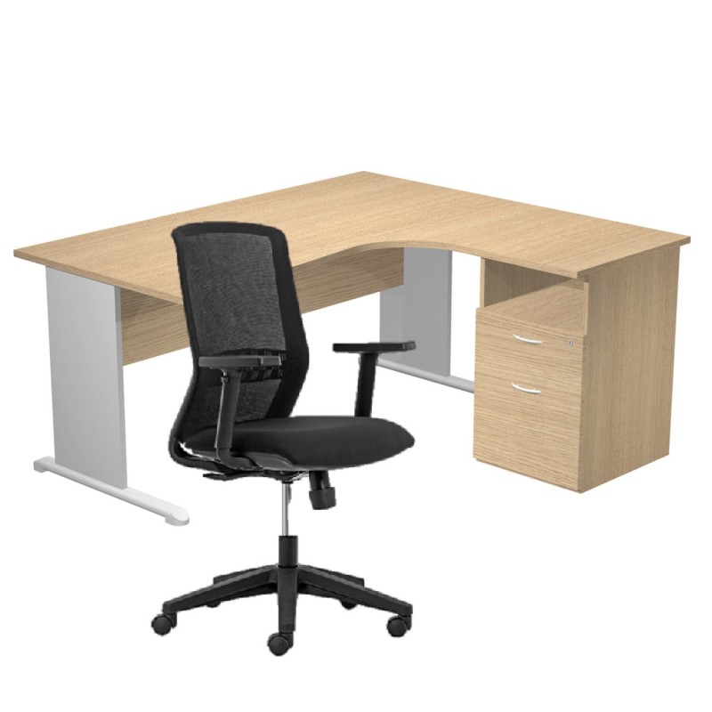 Pack Bureau d'angle compact retour à droite Pronto Bois - L.160 x P.100 cm - Plateau Chêne - Pieds L Aluminium + Caisson hauteur bureau + Siège Tekna Noir