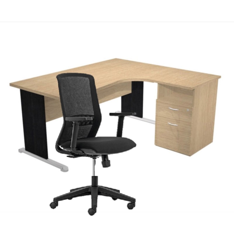 Pack Bureau d'angle compact retour à droite Pronto Bois - L.160 x P.100 cm - Plateau Chêne - Pieds L Noir + Caisson hauteur bureau + Siège Tekna Noir