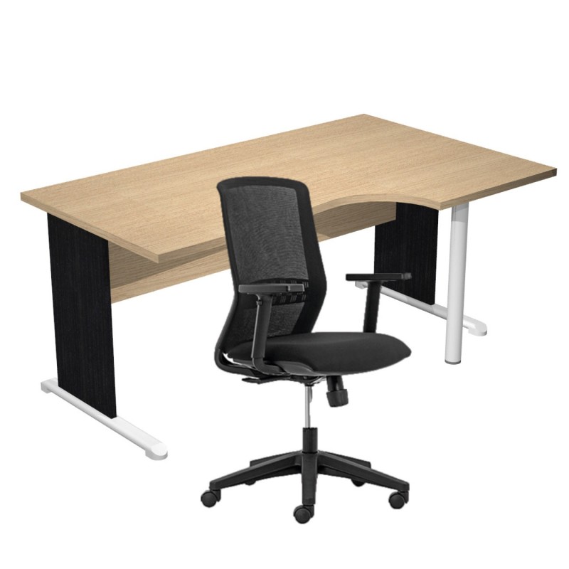 Pack Bureau d'angle compact retour à droite Pronto Bois - L.160 x P.100 cm - Plateau Chêne - Pieds L Noir + Siège Tekna Noir