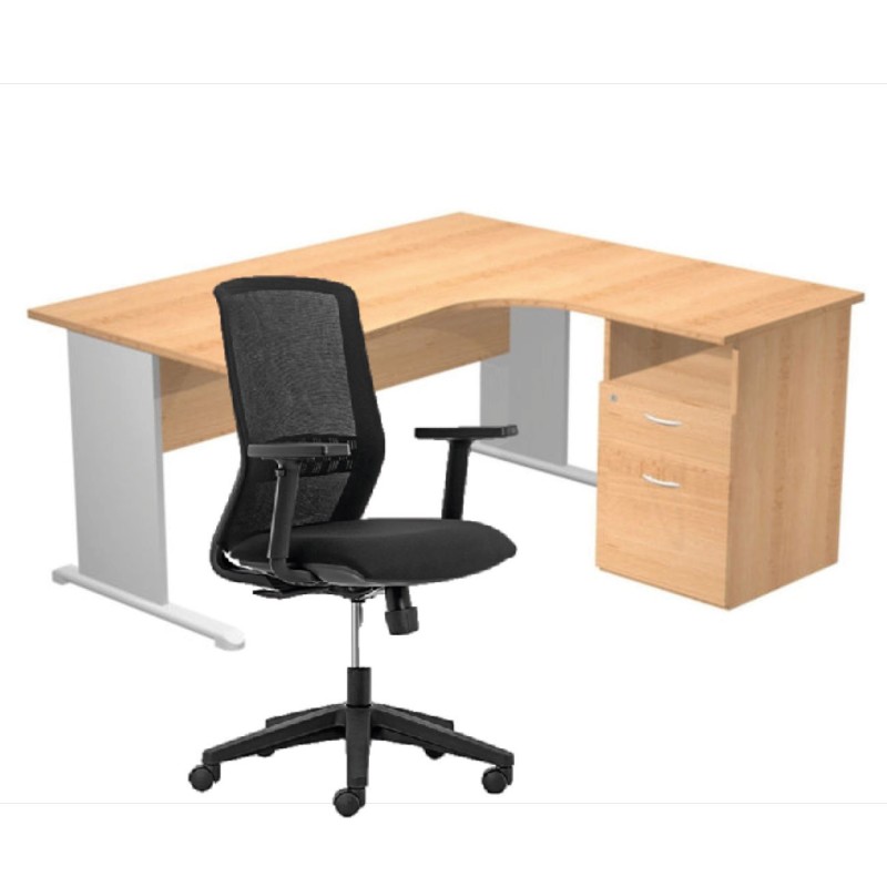 Pack Bureau d'angle compact retour à droite Pronto Bois - L.160 x P.100 cm - Plateau Hêtre - Pieds L Aluminium + Caisson hauteur bureau + Siège Tekna Noir