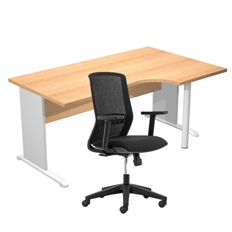 Pack Bureau d'angle compact retour à droite Pronto Bois - L.160 x P.100 cm - Plateau Hêtre - Pieds L Aluminium + Siège Tekna Noir