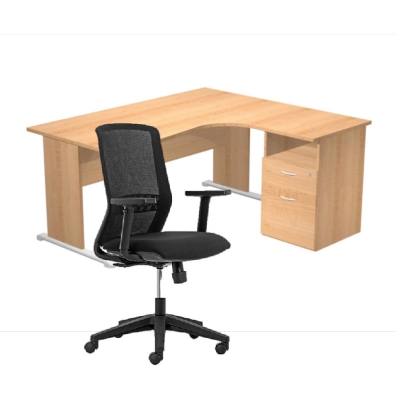 Pack Bureau d'angle compact retour à droite Pronto Bois - L.160 x P.100 cm - Plateau Hêtre - Pieds L Hêtre + Caisson hauteur bureau + Siège Tekna Noir