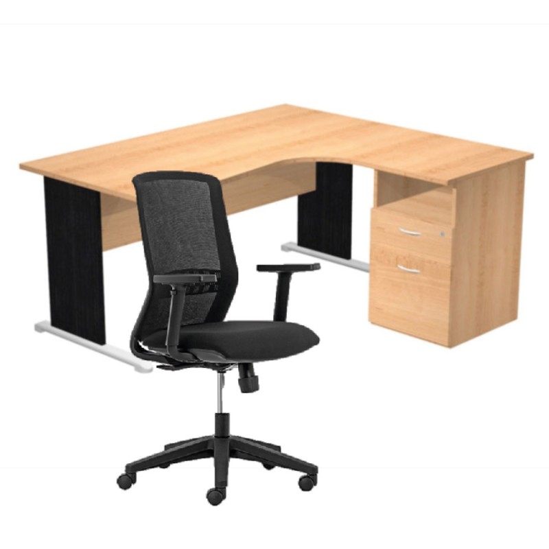 Pack Bureau d'angle compact retour à droite Pronto Bois - L.160 x P.100 cm - Plateau Hêtre - Pieds L Noir + Caisson hauteur bureau + Siège Tekna Noir