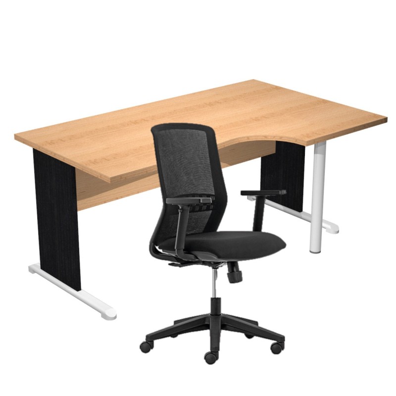 Pack Bureau d'angle compact retour à droite Pronto Bois - L.160 x P.100 cm - Plateau Hêtre - Pieds L Noir + Siège Tekna Noir