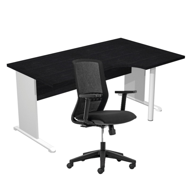 Pack Bureau d'angle compact retour à droite Pronto Bois - L.160 x P.100 cm - Plateau Noir - Pieds L Aluminium + Siège Tekna Noir