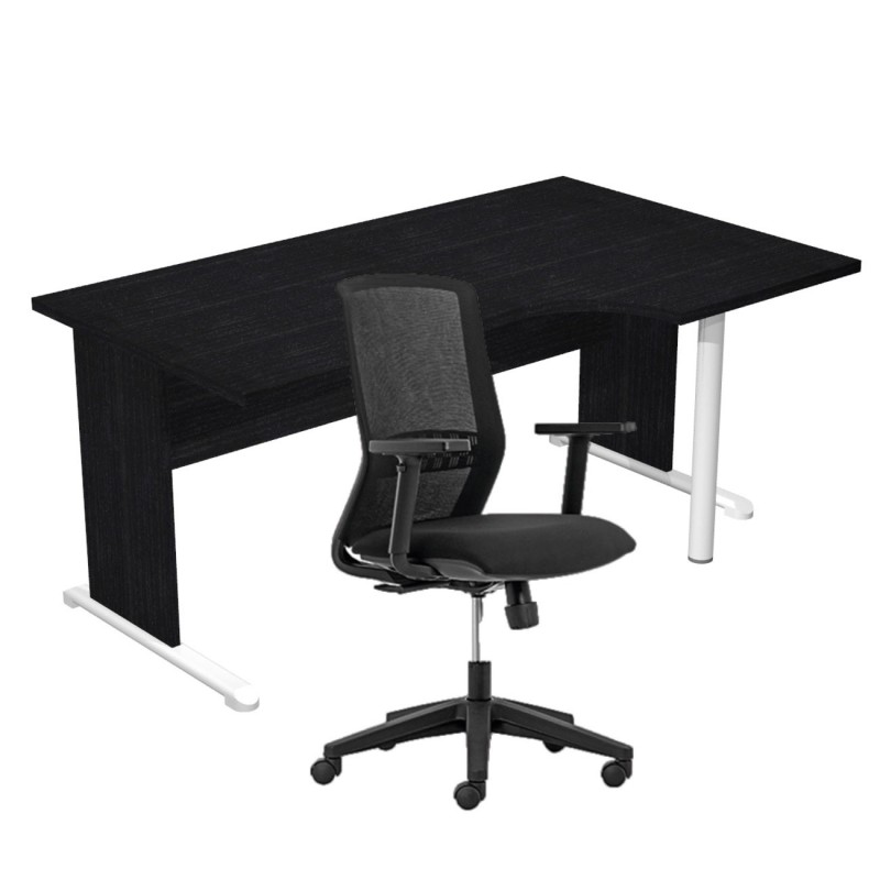 Pack Bureau d'angle compact retour à droite Pronto Bois - L.160 x P.100 cm - Plateau Noir - Pieds L Noir + Siège Tekna Noir